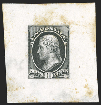Brazer 209E-Da, 10c Die essay in Black on India, similar to the issued stamp except with five lines on shield instead of four, 44x47mm on card, several rust spots, fine
appearance a very rare, if not unique essay 1990 PF certificate.