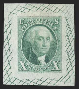 2TC1, 10c Washington, large die trial color proof in Dull green on bond, 29x34mm with cross-hatching, very fine.