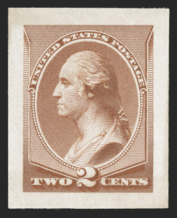 210P2a, 2c Red brown, Panama-Pacific small die proof on yellowish wove, large balance margins, rich color, fresh paper that is virtually free of the toning that plague these
proofs, very fine and handsome only three to five copies are thoug