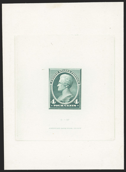 211P1, 4c Green large die proof on India, die sunk on 74x102mm card, with American Bank Note Co. imprint and C-97 at bottom, fresh and very fine.