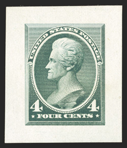 211P2a, 4c Green, Panama-Pacific small die proof on yellowish wove, a beautiful example displaying extra-large margins (see lot 207 for explanation), unbelievably fresh, with
rich luxuriant color and the most immaculate paper imaginable, a