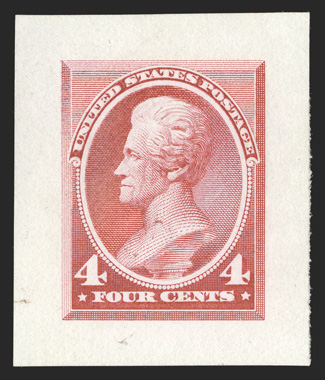 215P2a, 4c Carmine, Panama-Pacific small die proof on yellowish wove, handsome example featuring extra-large margins (see lot 207 for explanation), bright color on fresh paper,
a couple trivial natural paper inclusions, choice very fine c