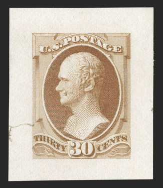 217P2a, 30c Orange brown, Panama-Pacific small die proof on yellowish paper, displaying extra-large margins (see lot 207 for explanation), attractive color, a couple small rust
stains, otherwise very fine 1990 PF certificate.