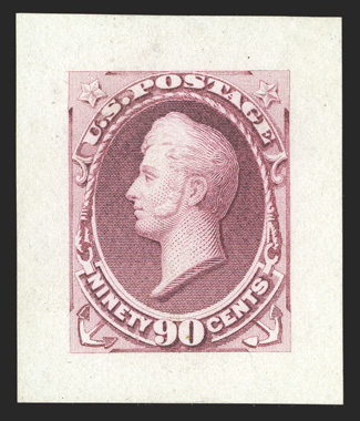 218P2a, 90c Purple, Panama-Pacific small die proof on yellowish wove, copy showing extra-large margins (see lot 207 for explanation), slightly discolored, appearing as a
reddish purple color, very fine appearance 1992 PF certificate.