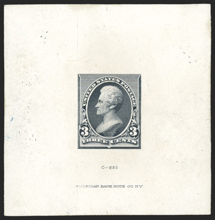 221TC1, 3c Black large die trial color proof on India, 63x64mm on card, with American Bank Note Co. imprint and C-225 at bottom, slight mounting thin, very fine an extremely
rare and possibly unique proof that is unlisted in Scott, in fact th