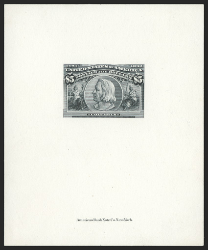 230P1-245P1, 1c-$5.00 Columbians, large die proofs printed directly on card cplt., each approximately 84x101mm, with American Bank Note Co. imprint at bottom, beautiful bright
colors on remarkably fresh cards, extremely fine an incredibly hands