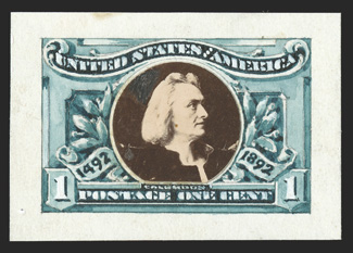 230-E3, 1c Silver print photo vignette mounted on watercolor drawing of unadopted design, Blue green on stiff white drawing paper, 42x29mm, a beautiful example of this unique
essay, with glorious rich color on bright fresh paper, extremely f