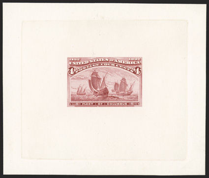 233-E2b, 4c Dim deep orange red, die essay on thin white wove, die sunk on 90x76mm card, radiant color on clean white paper and card, choice very fine.