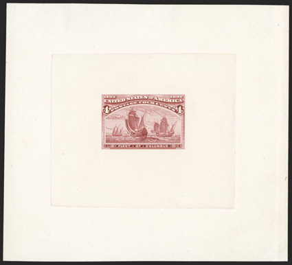 233-E2b, 4c Dusky red, die essay on thin white wove, die sunk on 114x103mm card, vibrant color, choice very fine an unusually large size example of the Four Cent
essay.