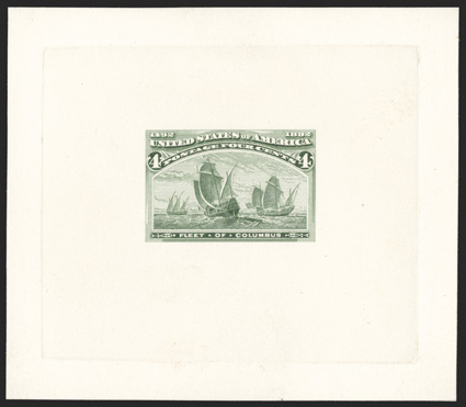 233-E2b, 4c Dull dusky green yellow green, die essay on thin white wove, die sunk on 89x77mm card, bright and fresh, very fine.