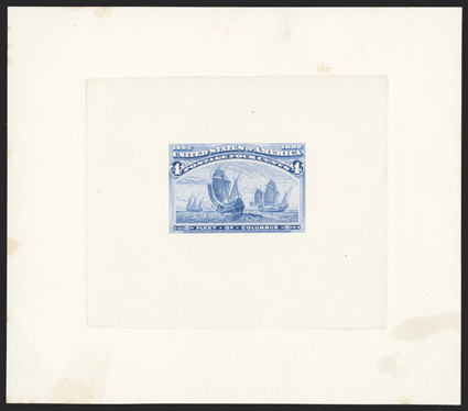 233-E2b, 4c Ultramarine, die essay on thin white wove, die sunk on 111x98mm card, bright color, a few light toned spots, otherwise a very fine example of this essay in the
issued color of the stamp.