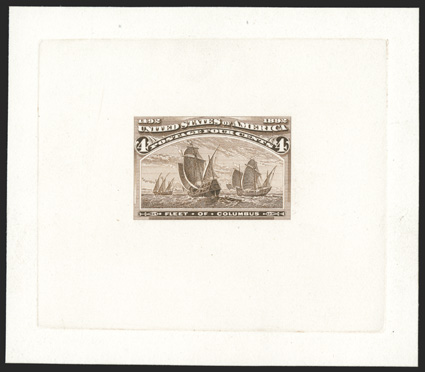 233-E2b, 4c Orange brown, die essay on thin white wove, die sunk on 88x76mm card, fresh color, very fine.