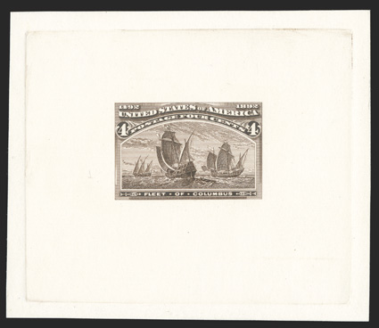 233-E2b, 4c Dark brown, die essay on thin white wove, die sunk on 82x70mm card, deep color, trivial card thin on back, very fine.