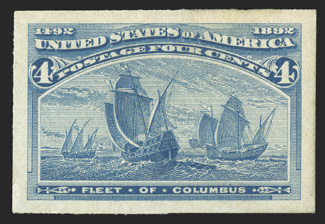 233P2a, 4c Ultramarine, Panama-Pacific small die proof on yellowish wove, large margins, bright color on paper that has just a hint of toning (actually quite fresh for a
Panama-Pacific proof), inconsequential surface scrape in the left margin,