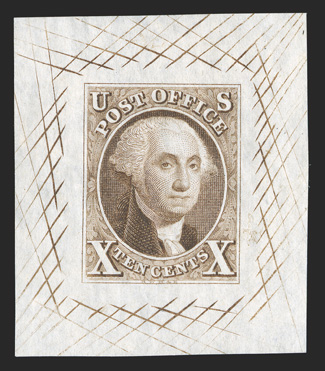 2TC1, 10c Washington, large die trial color proof in Golden brown on white bond, 34x39mm with cross-hatching, very fine.