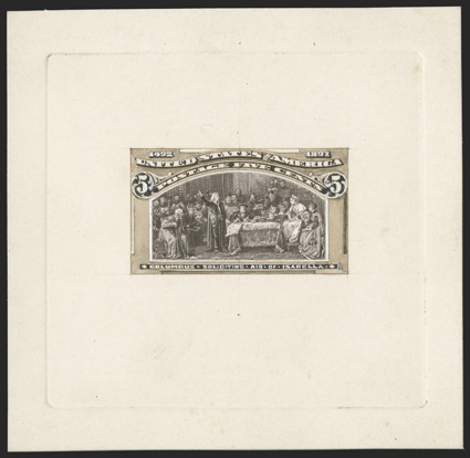 234-E1, 5c Black brown, engraved vignette mounted on watercolor drawing of unadopted frame on thick artists card, block sunk as a die essay, 81x78mm, quite fresh, very fine an
important essay of the Columbian issue, not only being a lovely wat