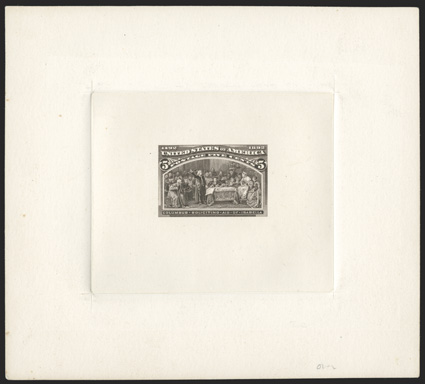 234-E4, 5c Sepia die essay of the incomplete design on India, die sunk 128x115mm card, deep intense color, very fine a rarely seen essay that is particularly desirable in this
large size.