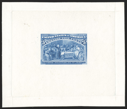 234-E4, 5c Blue die essay of the incomplete design on India, die sunk on 89x76mm, beautiful vibrant color on fresh paper and card, very fine a rare Columbian
essay.