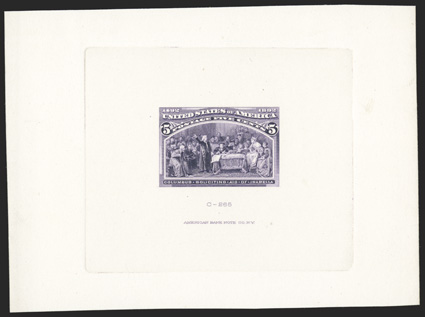 234TC2, 5c Dark violet, large die trial color proof on card, 114x84mm with full die sinkage, American Bank Note Co. imprint and C-265 at bottom, deep color, very
fine.