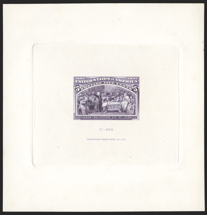 234TC1, 5c Deep violet, large die trial color proof on India, die sunk on 102x106mm card, with American Bank Note Co. imprint and C-265 at bottom, vibrant color, very fine an
unusually large size trial color proof of the Five Cent Columbian.