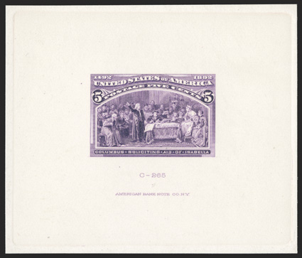 234TC2, 5c Rose violet, large die trial color proof on card, 78x67mm with full die sinkage, American Bank Note Co. imprint and C-265 at bottom, strong rich color, very fine
1982 PF certificate.