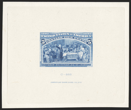 234TC1, 5c Deep blue, large die trial color proof on India, die sunk on 81x68mm card, with American Bank Note Co. imprint and C-265 at bottom, brilliant color, very
fine.