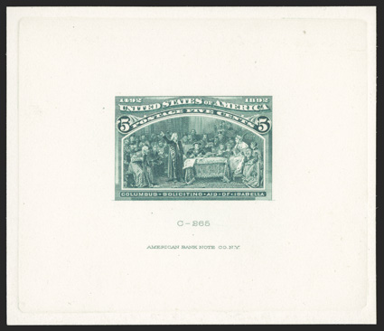 234TC2, 5c Deep green, large die trial color proof on card, 78x68mm with full die sinkage, American Bank Note Co. imprint and C-265 at bottom, remarkably bright and fresh,
choice very fine 1982 PF certificate this color is not listed in Scot