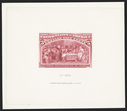 234TC2, 5c Bright rose red, large die trial color proof on card, 78x68mm with full die sinkage, with American Bank Note Co. imprint and C-265 at bottom, vibrant color, very
fine 1982 PF certificate this color is not listed in Scott as a card