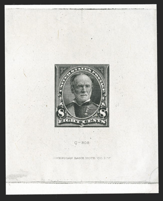 257TC1, 8c Black large die trial color proof in India, 53x67mm with die sinkage at top and bottom, American Bank Note Co. imprint and C-808 at bottom, blue Bureau control
number 49729 on back, very fine only three such trial color proofs ha