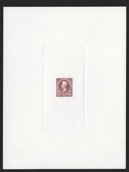 261ATC1, $1.00 Lake, large die proof on card, 145x193mm with full die sinkage, marvelously fresh, with deep luxuriant color and a superbly detailed impression on bright card
paper, extremely fine a very rare trial color proof, particularly in t