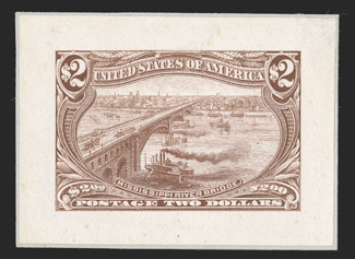 285P2-293P2, 1c-$2.00 Trans-Mississippis, small die proofs on wove cplt., each neatly affixed to a small piece of the Roosevelt album pages, brilliant colors throughout, very
fine and exceedingly choice an especially attractive set of these sca