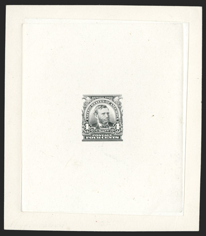 303-E1, 4c Black incomplete design die essay on India, die sunk on 91x105mm card, with Bureau control number 58920 handstamped in blue on back, very fine a key 1903 Issue essay
rarity, as like the above lot, this is the only example recorded
