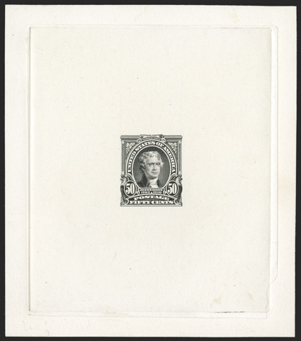 310-E2a, 50c Black incomplete design die essay on India, die sunk on 89x103mm card, highly detailed impression, small India paper fault at far bottom right corner there are
only two known die essays of the Fifty Cent value and both are unique<