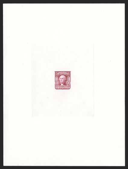 319P1, 2c Carmine large die proof on India, die sunk on full size 147x197mm card, Bureau number 105084 handstamped on back, remarkably fresh, with brilliant color on pristine
paper and card, extremely fine a rare proof (see letter in lot below)