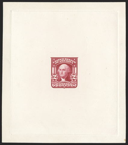 319P1, 2c Carmine large die proof on India, die sunk on 88x100mm card, bright color, very fine accompanied by 1936 letter from Clarence Brazer where he states there are only
four known copies of this die proof, two of which are Officially Appr