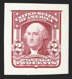 319iP2, 2c Carmine, Type II, small die proof on wove, an incredibly fresh example of this scarce and seldom offered proof, with gorgeous vibrant color on immaculate white
paper, large full margins, extremely fine 1963 PF certificate ex-Ches