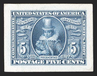 328P2-330P2, 1c-5c Jamestown, small die proofs on wove paper cplt., each with large balance margins, beautiful colors on pristine white paper, 1c with a couple red printing
dots at top, 2c with just a faint trace of a translucent spot, very fine