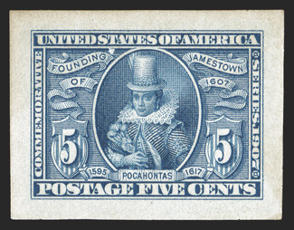 328P2a-330P2a, 1c-5c Jamestown, Panama-Pacific small die proofs on yellowish wove cplt., all with full margins, attractive colors, 2c with corner crease at top right and a
couple tiny blue ink marks on face, otherwise very fine only three t