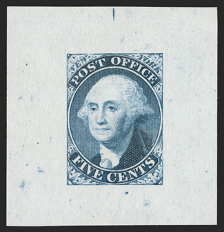 9X1TC2, 5c New York, N.Y. Postmaster Provisional, small die proof, two, one in Deep blue on bond (45x47mm) and one in Deep green on India (33x40mm), very
fine.