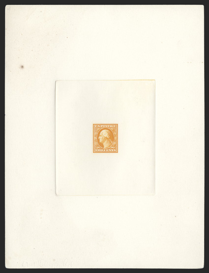 332TC1, 2c Dull orange, large die trial color proof on card, full size card measuring 152x201mm with full die sinkage, this color being particularly brilliant, small toned spot
at top left, small pencil erasure at bottom, very fine an exceeding