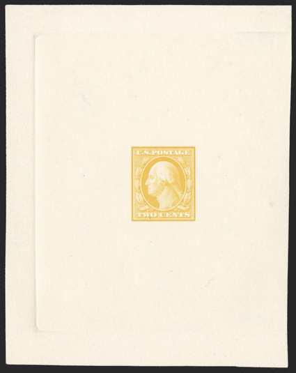 332TC1, 2c Golden yellow, large die trial color proof on card, another example of this proof rarity, measuring 83x106mm with die sinkage on three sides, very fine
ex-Zivic.