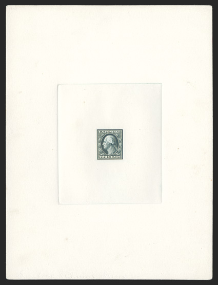 332TC1, 2c Sage green, large die trial color proof on card, an impressive full size example measuring 151x200mm, with full die sinkage, deep intense color, light pencil erasure
at bottom and slight paper flaw at far left edge of card, very fine