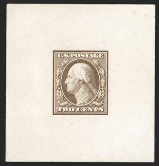 332TC1, 2c Brown, large die trial color proof on card, 50x54mm, strong color, very fine only a tiny number exist ex-Zivic.