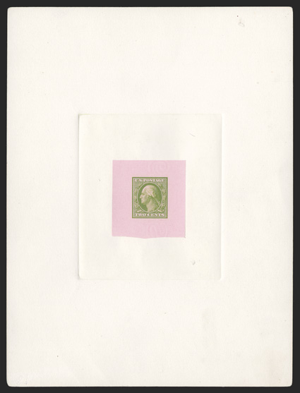 332TC1, 2c Green on pink, large die trial color proof on proof paper, mounted on 152x203mm card with full die sinkage, brilliantly fresh, extremely fine and very rare
ex-Zivic.