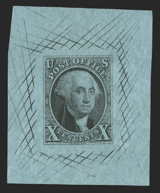 2Pb, 10c Black, large die proof on Blue bond, 37x45mm with cross-hatching, very fine ex-Bedford.