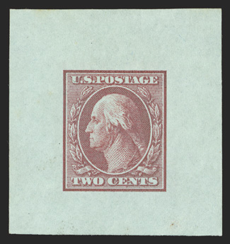 332P1, 2c Carmine on light blue, large die proof on proof paper, 38x41mm, strong color, very fine the Bureau of Printing and Engraving experimented with different colored
papers so the different values of the series could be more readily distin
