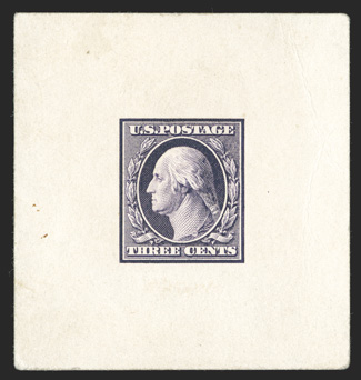 333-E1, Three Cents Deep violet large die essay on card, 51x54mm, deep color, minor crease in the right margin, very fine an exceptionally rare essay 1992 PF
certificate.