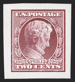 367P2, 2c Lincoln, small die essay on wove, a wonderfully choice example of this rare proof, featuring a remarkable overall brilliance few others enjoy, with intense radiant
color on the whitest paper possible, extremely fine 1988 PF certificat