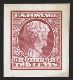 367P2a, 2c Lincoln, Panama-Pacific small die proof on wove, deep color and impression on just the slightest toned paper (so slight it is not mentioned on the accompanying
certificate), very fine an extremely rare proof, of which no more tha