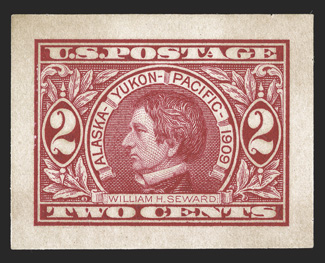 370P2a, 2c Alaska-Yukon, Panama-Pacific small die proof on yellowish wove, large balanced margins, lightened overall toning as usual, very fine although presumably issued in
the same quantity as other Panama-Pacific proofs, the Alaska-Yukon c
